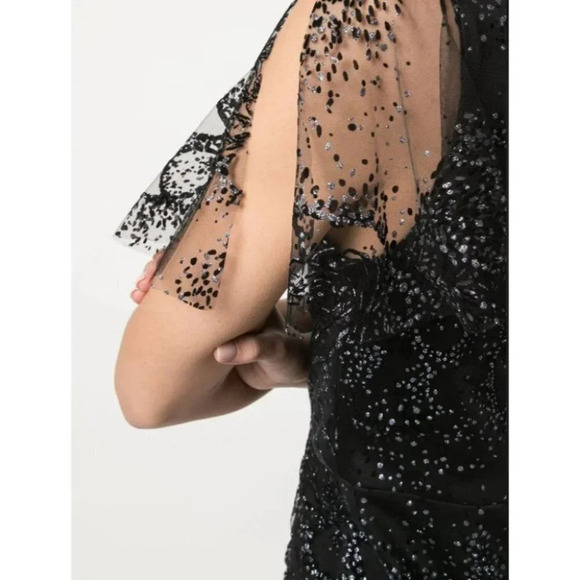 NWT Marchesa Notte Black Lace V-Neck Flocked Midi Dress $495 - Picture 6 of 7